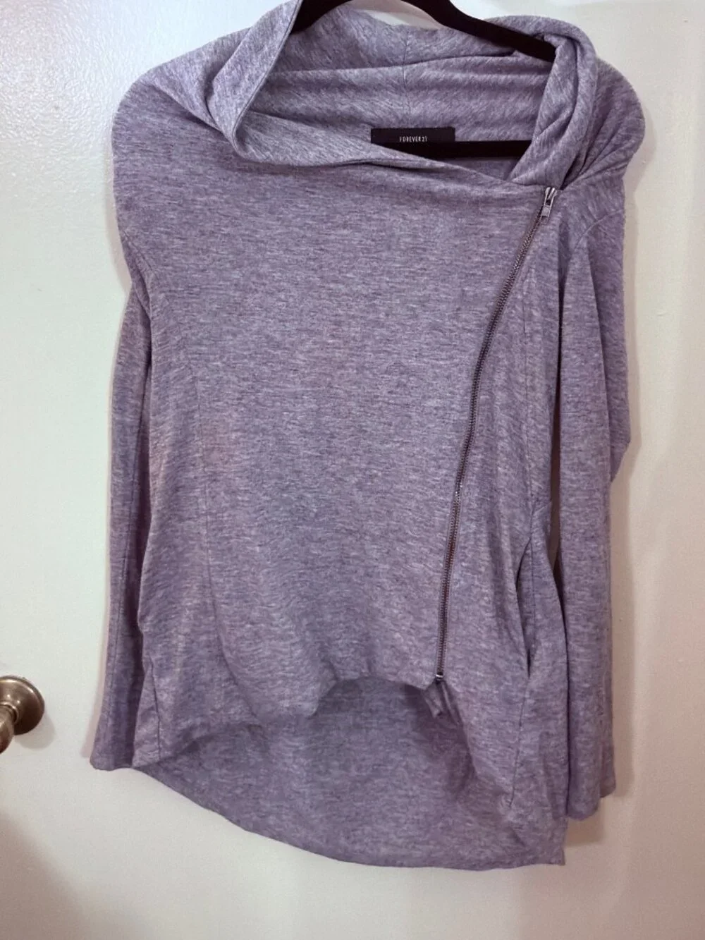 Forever 21 Women Asymmetrical Zip Pullover Hoodie Gray Cowl Size Small